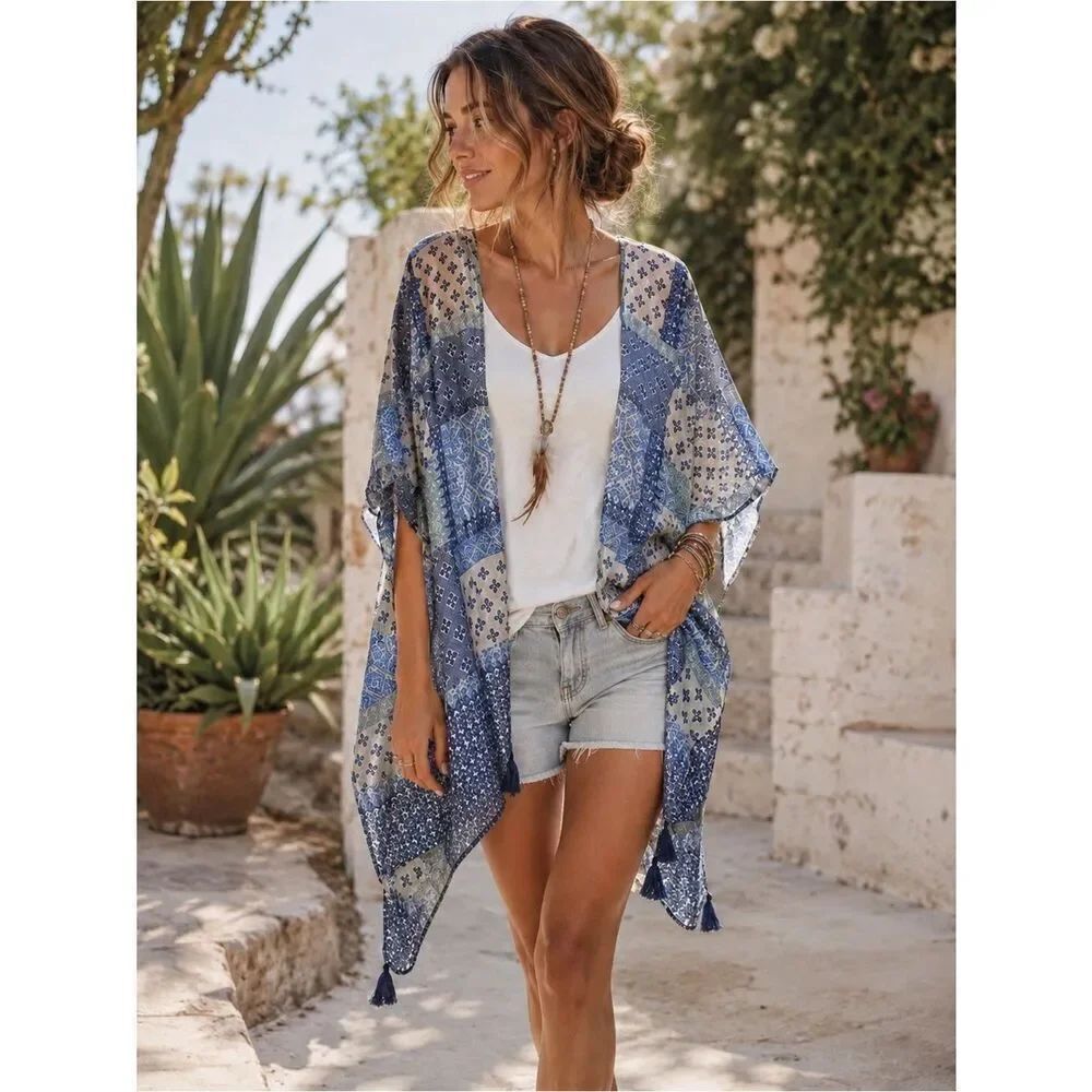 Bohemian Chic Patterned Gray and Blue Shawl